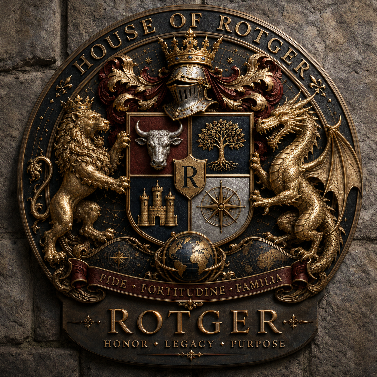 House of Rotger heraldic crest with FIDE FORTITUDINE FAMILIA motto