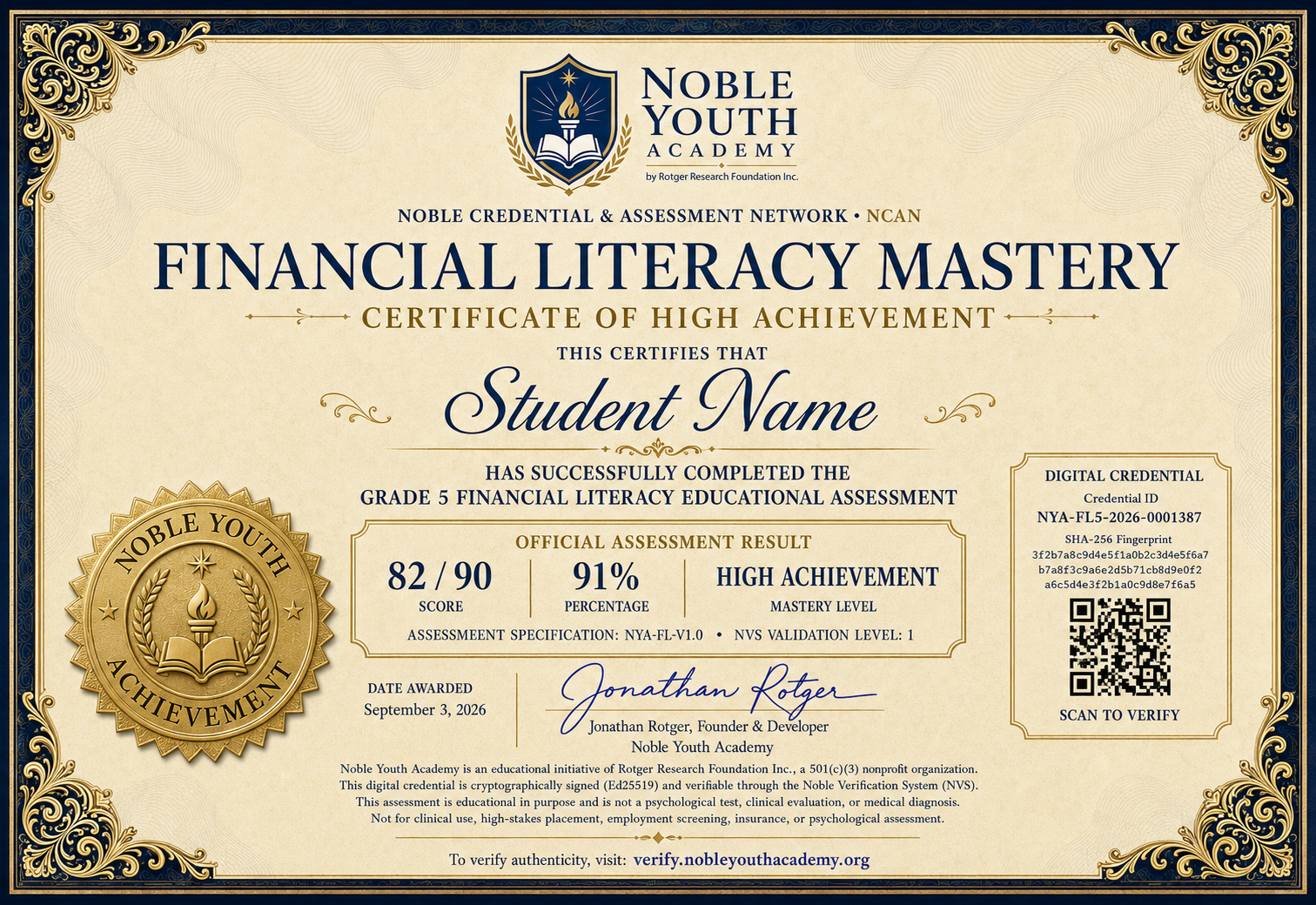 Noble Youth Academy mastery certificate